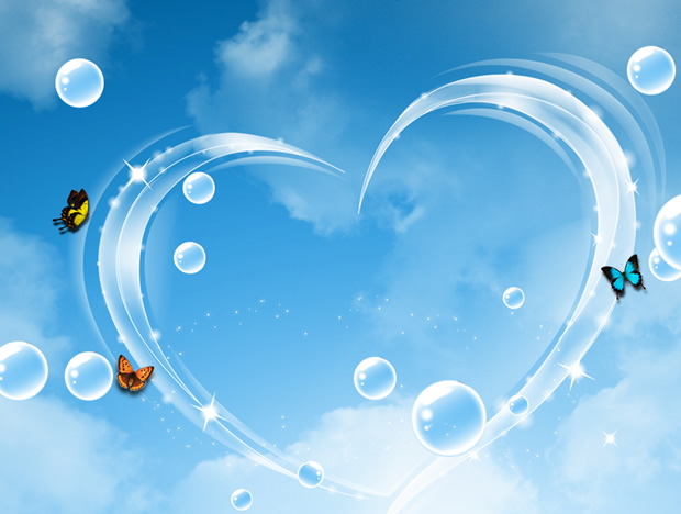 蝴蝶 气泡 水晶心形――蓝色浪漫情人节PPT模板